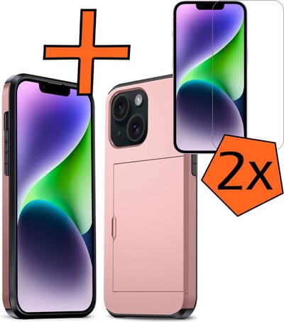 Hoesje Geschikt voor iPhone 14 Hoesje Pasjeshouder Shockproof Hard Case Met 2x Screenprotector - Hoesje Geschikt voor iPhone 14 Hoes Met Kaarthouder - Rosé goud