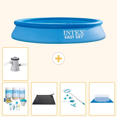 Intex Rond Opblaasbaar Easy Set Zwembad - 305 x 61 cm - Blauw - Inclusief Onderhoudspakket - Solar Mat - Schoonmaakset - Grondzeil - Zwembadfilterpomp - 6-delig
