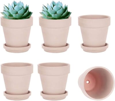 Famanu – Set van 6 roze kleipotten van 15,7 cm met schotels, ideaal voor binnen en buiten, met drainagegat