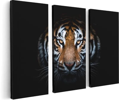 Artaza Canvas Schilderij Drieluik Tijger Op Zwart Achtergrond - 120x80 - Foto Op Canvas - Canvas Print