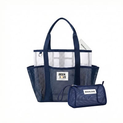 Rainbecom - Strandtas Set 2-delig (Tote + Rits Pouch) - Mesh Sneldrogend - Zand Schudt Eraf - Meerdere zakken - Waterdichte Zandbestendige Opvouwbare tas - Lichtgewicht 17,2L - Blauw