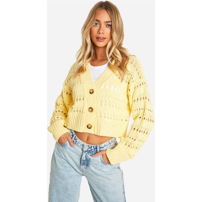 boohoo Dames Gehaakte Crop Cardigan met knoopsluiting | Boter | Maat: Large