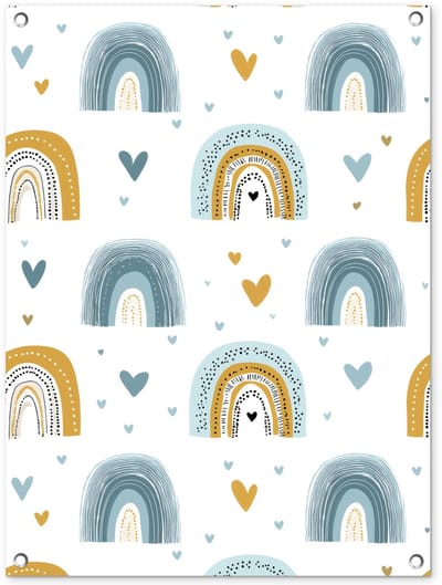 Tuinposter 60x80 cm - Tuindecoratie Patroon - Regenboog - Hartjes - Poster voor in de tuin - Buiten decoratie - Schutting tuinschilderij - Tuindoek muurdecoratie - Wanddecoratie balkondoek