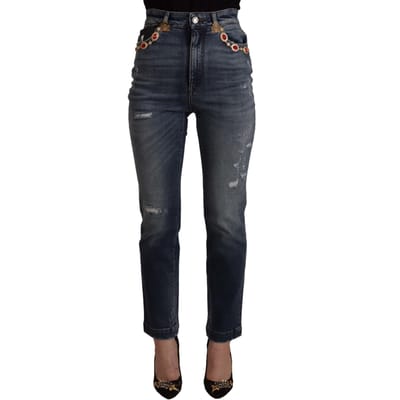 Dolce & Gabbana Blauwe Denim Kristallen Versierde Broek Damesjeans