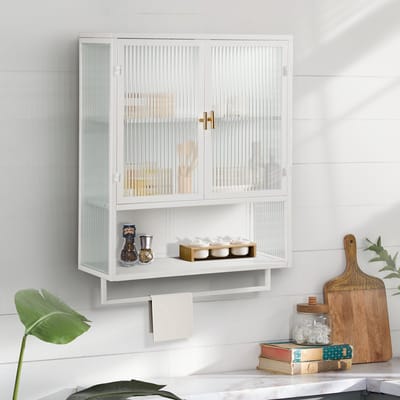 Witte wandkast met glazen deuren - 60 cm - Tweelaagse gesloten opbergruimte, open legplank en handdoekrek - Geribbeld glas, ijzeren frame - Geschikt voor badkamer, woonkamer, hal en eetkamer