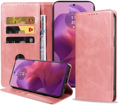 Geschikt voor Motorola Moto G24 Telefoonhoesje Kunstleer met Magnetische sluiting en Pasjeshouder Bookcase met Klepje - Walletcase with Cardslot - Rosé Goud - Smartphonica geschikt voor Motorola Moto G24