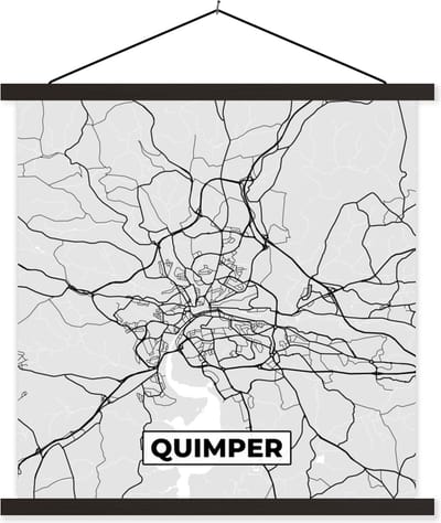 Posterhanger incl. Poster 60x60 cm - Schoolplaat - Plattegrond - Kaart - Stadskaart - Frankrijk - Quimper - Textielposter - Zwarte latten - Stadskaart