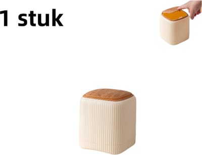 1 stuk - Prullenbak - Mini - Dubbele bak (binnen- en buitenbak) - Houtnerfstijl - Met deksel met drukknop - Prullenbak voor op het aanrecht en in de keuken - Geel
