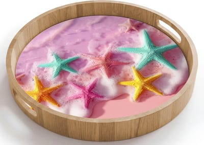 Dienblad rond 40x40 cm - Schootdienblad hout - Zeesterren - Strand - Golven - Borrelplank rechthoek - Plateau houten dienbladen