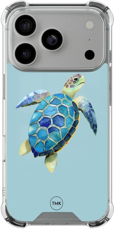 Shockproof hoesje geschikt voor Apple iPhone 17 Pro - Schildpad - Schokbestendig - Verhoogde randen - TPU case - Extra Sterke Back Cover - Print - Transparant, Blauw