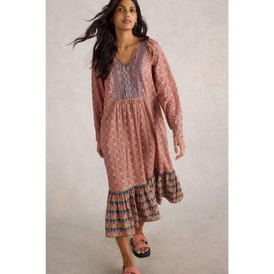 White Stuff Abigail Embroidered Dress Pink Multi Maat: 10 REGULAR | Midi Jurken Outlet | Dames | Roze
