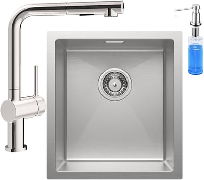 CECIPA max Spoelbak Keuken 40x44CM - Gootsteen RVS - Spoelbakken Keuken Met L-uitloop Keukenkraan en Zeepdispenser 300ML - Wasbak Keuken - Enkele Spoelbak - Spoelbakken met afdruip - RVS