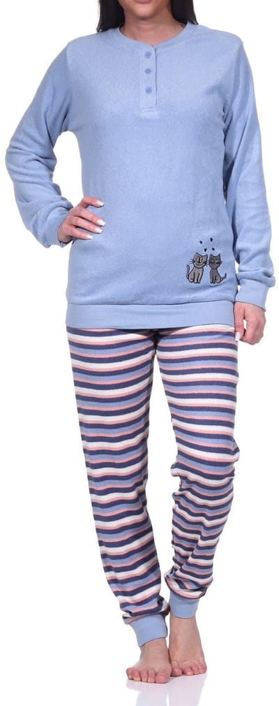 Damespyjama van badstof, pyjama met lange mouwen en schattig kattenmotief