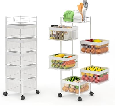 ITRONIQ Keukentrolley Met 5 Draaibare Opbergmanden - 360° Draaibare Opbergkar Op Wielen - Groente Fruit Organizer - Wit