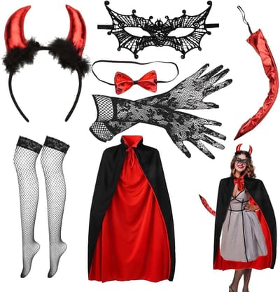 Dames Duivels Kostuum - Compleet Halloween Outfit met Vampier Cape, Hoed, Dubbelzijdige Duivelsvork, Kanten Oogflap en Handschoenen voor Carnaval en Halloween Feesten