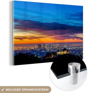 ® Glasschilderij 180x120 cm - Schilderij acrylglas - Kleurrijke horizon bij het Griffith-observatorium voor zonsopgang - Foto op glas - Muurdecoratie woonkamer - Wanddecoratie slaapkamer - Schilderijen