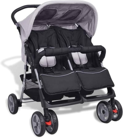 Dubbele Kinderwagen - Duowagen Babytransport - Kinderen Vervoeren - Opvouwbare Luifel - 3 Hellingsstanden - Grijs en Zwart