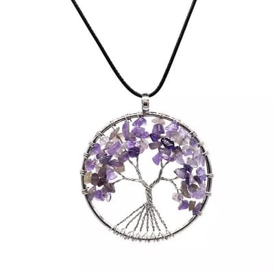 ASTRADAVI Kristal Tree of Life - Hanger - Levensboom Positieve Energie Hanger met Ketting - Chakra Kristal Edelstenen - Paars Kristallen met Zwart Vegan Lederen Koord - Cadeau Idee