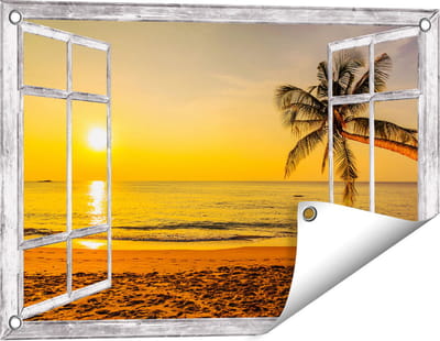 Gards Tuinposter Doorkijk Tropisch Strand tijdens Zonsondergang - 60x40 cm - Tuindoek - Tuindecoratie - Wanddecoratie buiten - Tuinschilderij