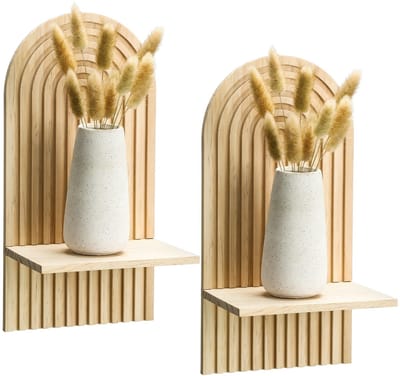 Wandrek - Boho Wandplank Set van 2 – Houten Zwevende Wandplanken – 35 x 12 x 18 cm - Gebogen zwevende plank van massief hout - Decoratieve Wanddecoratie voor Woonkamer, Slaapkamer en Badkamer – Naturel