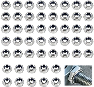 Set van 50 zelfborgende zeskantmoeren M6 van verzinkt staal voor metalen constructies en reparaties met nylon inzetstuk