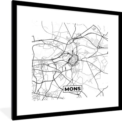 Fotolijst incl. Poster Zwart Wit- Stadskaart – Plattegrond – België – Zwart Wit – Mons – Kaart - 40x40 cm - Posterlijst