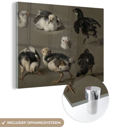 ® Glasschilderij 160x120 cm - Schilderij acrylglas - Zeven kuikens - Schilderij van Melchior d'Hondecoeter - Foto op glas - Muurdecoratie woonkamer - Wanddecoratie slaapkamer - Schilderijen