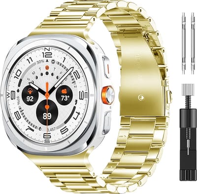 Stravo Stalen schakel bandje – Geschikt voor Samsung Galaxy Watch Ultra 2 (2026) / Ultra (2024/2025) – Metalen RVS horlogebandje + inkort toolkit – Goud