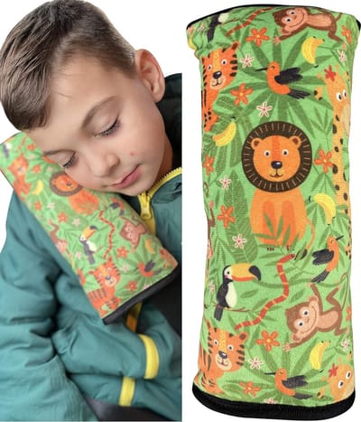 auto slaapkussen voor kinderen - machine wasbaar - zacht autogordelkussen, gordelbeschermer, gordelkussen, autokussen, reiskussen, vakantie - 30x12cm (Jungle)