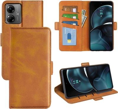 MobyDefend Hoesje - Geschikt voor Motorola Moto G14 - Luxe Wallet Book Case (Sluiting Zijkant) - Lichtbruin