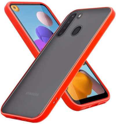 Cadorabo Hoesje geschikt voor Samsung Galaxy A21 in Mat Rood - Zwarte Knopen - Hybride beschermhoes met TPU siliconen Case Cover binnenkant en matte plastic achterkant