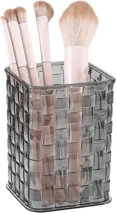 Make-up borstelhouder organizer van acryl met geweven textuur voor badkamer en kantoor, multifunctionele opbergbeker voor borstels en pennen, ideaal voor cosmetische vitrines en bureaus
