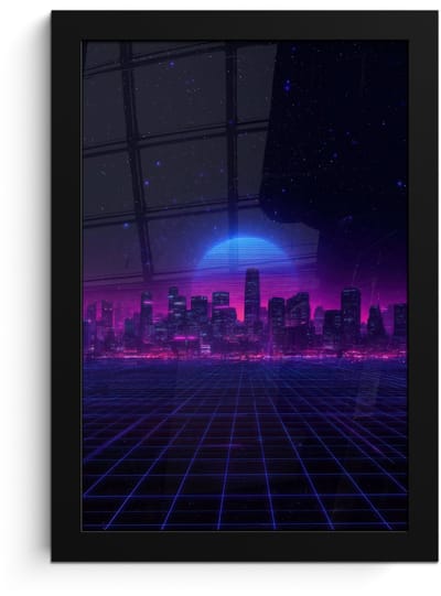 Poster in lijst - Fotolijst 20x30 cm - Posters - Skyline - Zon - Neon - Rasterpatroon - Posterlijst zwart - Decoratie - Wanddecoratie woonkamer - Muurdecoratie slaapkamer