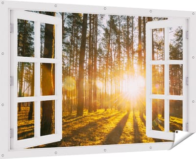 Gards Tuinposter Doorkijk Zonsopkomst in het Bos tussen de Bomen - 180x120 cm - Tuindoek - Tuindecoratie - Wanddecoratie buiten - Tuinschilderij