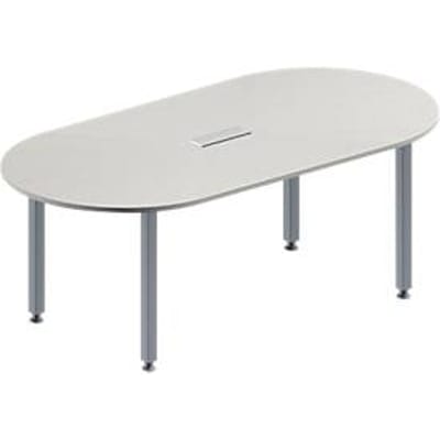 Schäfer Shop Genius Vergadertafel MODENA FLEX, in hoogte verstelbaar, ovale vorm, 4-poot vierkante buis, B 2000 x D 1000 mm, 3-voudige contactdoos, lichtgrijs