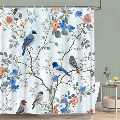 Kolibrie Bloemen Douchegordijn Vogels Aquarel op Bloementakken Bedrukt Polyester Badgordijnen Badkamer Decor met Haken 90x180cm-35x70in