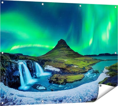 Gards Tuinposter Noorderlicht bij de Watervallen in IJsland - 120x90 cm - Tuindoek - Tuindecoratie - Wanddecoratie buiten - Tuinschilderij