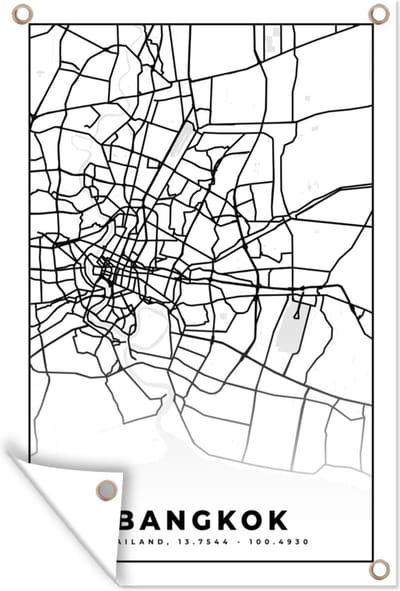 Muurdecoratie Bangkok - Zwart Wit - Plattegrond - Stadskaart - Kaart - 120x180 cm - Tuinposter - Tuindoek