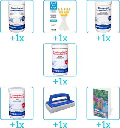 Zwembad Onderhoudspakket - Onderhoud Zwembad - bevat Chloor - Testrips - Chloor - PH-min - PH-plus - Scrubborstel en Zwembadgids (7-delig)