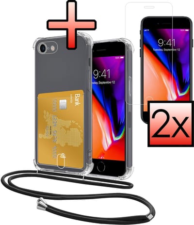 Hoes Geschikt voor Apple iPhone 7 Hoesje Pasjeshouder Cover Met Koord Shock Proof Case Siliconen Hoes Met Telefoonkoord en Kaarthouder Met 2x Screenprotector - Transparant