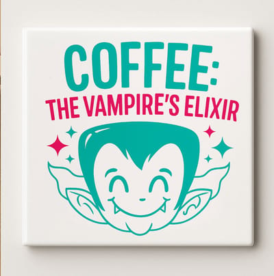 Koffie: Het Elixer van de Vampier Tegel 15x15 cm – Grappige Keramische Wanddecoratie voor Koffieliefhebbers en Halloween Decoratie