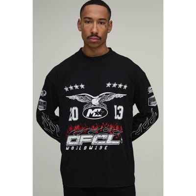 Zwart Oversized Moto Multi Grafisch T-shirt Met Lange Mouwen | Black | Size XS
