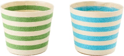 J-Line bloempot Gestreept - papier - azuurblauw/groen - large - set van 2