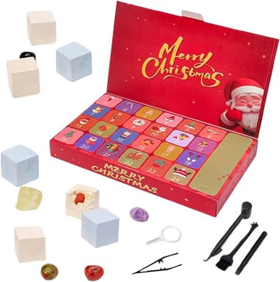 Adventskalender 2025 - Adventskalender voor kinderen - Kerstaftelkalender - Kerstmis - 24 dagen aftellen naar Kerstmis - Kerstmis - Kerstaftelcadeau - Kristal- en steengraafdoos - Met gereedschap - Cadeau voor kinderen, jongens en meisjes - Rood