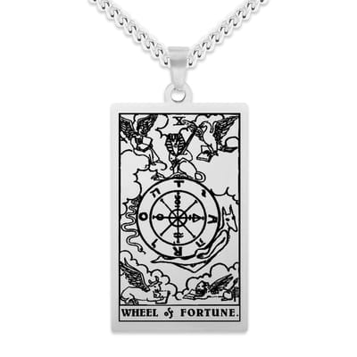 Tarot Ketting X: Het Rad van Fortuin / Wheel of Fortune - Zilverkleurig Stainless Steel - Grote Arcana uit Rider-Waite Geïnspireerd - 60cm - Pax Amare