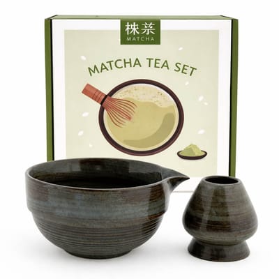Matcha set in giftbox 2-delig– bruin/grijs – keramische matcha kom met schenktuit & houder voor bamboe klopper – Japans matcha ritueel – stijlvol thee cadeau