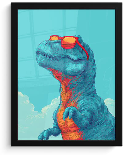 Poster in lijst - Fotolijst 30x40 cm - Posters - T-Rex - Blauw - Wolken - Zonnebril - Posterlijst zwart - Decoratie - Wanddecoratie woonkamer - Muurdecoratie slaapkamer