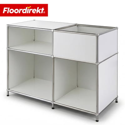 FLOORDIREKT Metalen Rek Concept Epure MK-030 - Staand rek met 3 planken & opbergvak - Sideboard & opbergrek van metaal - 88 x 40 x 65 cm - Wit - Voor woonkamer, kantoor & hal - Stevig en veelzijdig - Verkrijgbaar in verschillende kleuren