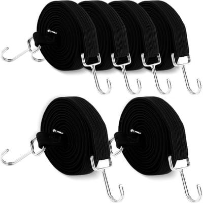 6 stuks 3 m spanrubber met haken, 3 cm breed, verstelbare spanbanden, expander met metalen haken, extra sterk, platte bagagespanner, rubberen touw voor tuin, fiets, auto, tarps, camping, zwart