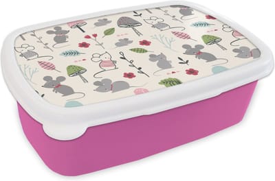 Broodtrommel Roze - Lunchbox - Brooddoos - Muizen - Patronen - Herfst - Paddenstoel - 18x12x6 cm - Kinderen - Meisje